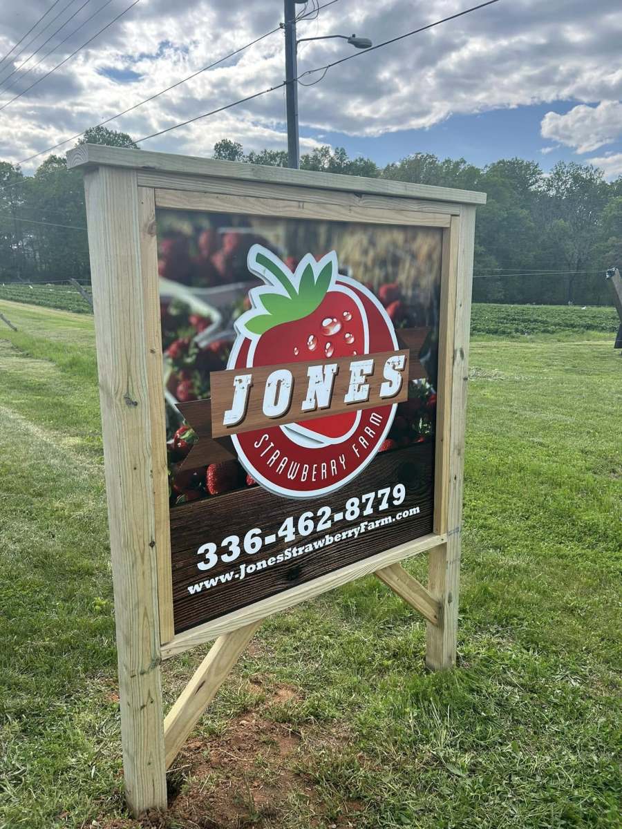 Jones Strawberry Farm sign beside the field